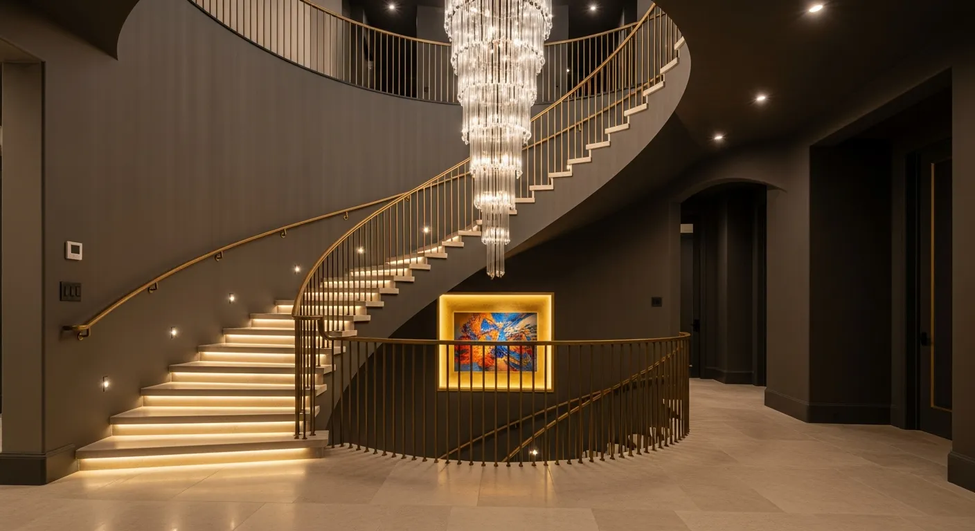 Crystal cascade chandelier and illuminated curved staircase in a DFW custom home